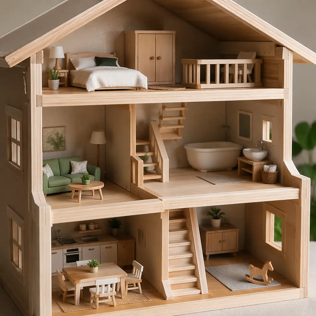 Simple dollhouse rooms with miniature furniture in soft natural light