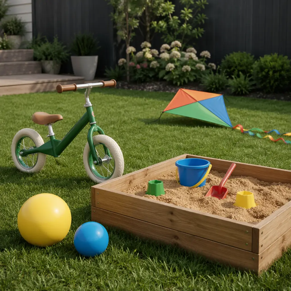 Affordable, durable outdoor toys arranged on grass in soft natural light