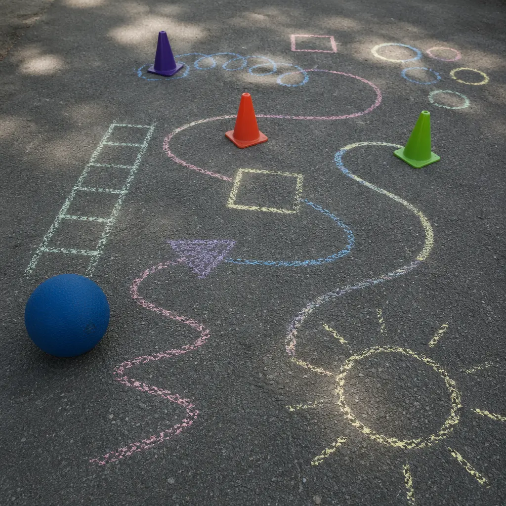 Driveway play items laid out for open-ended outdoor games