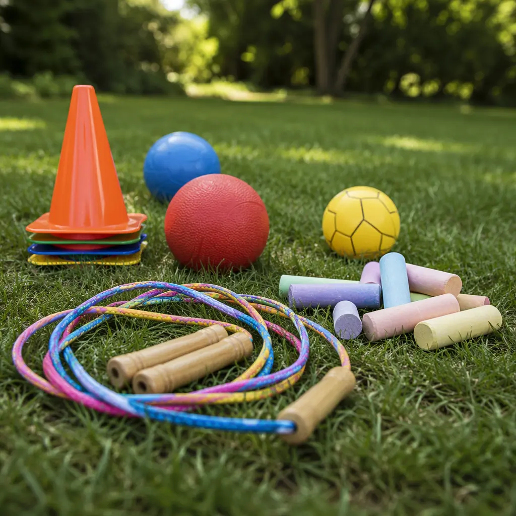 Classic outdoor toys arranged on grass in soft natural light