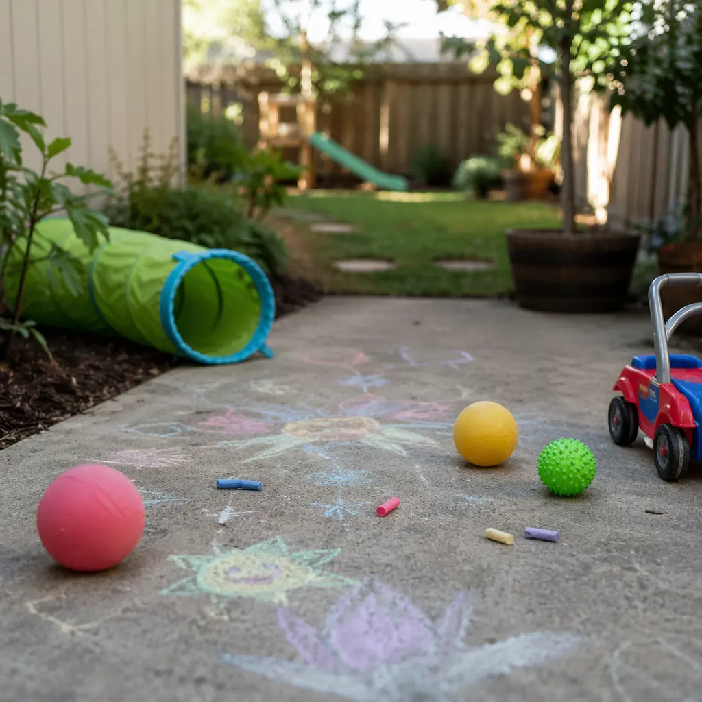Preschool outdoor toys in a backyard setting without electronics