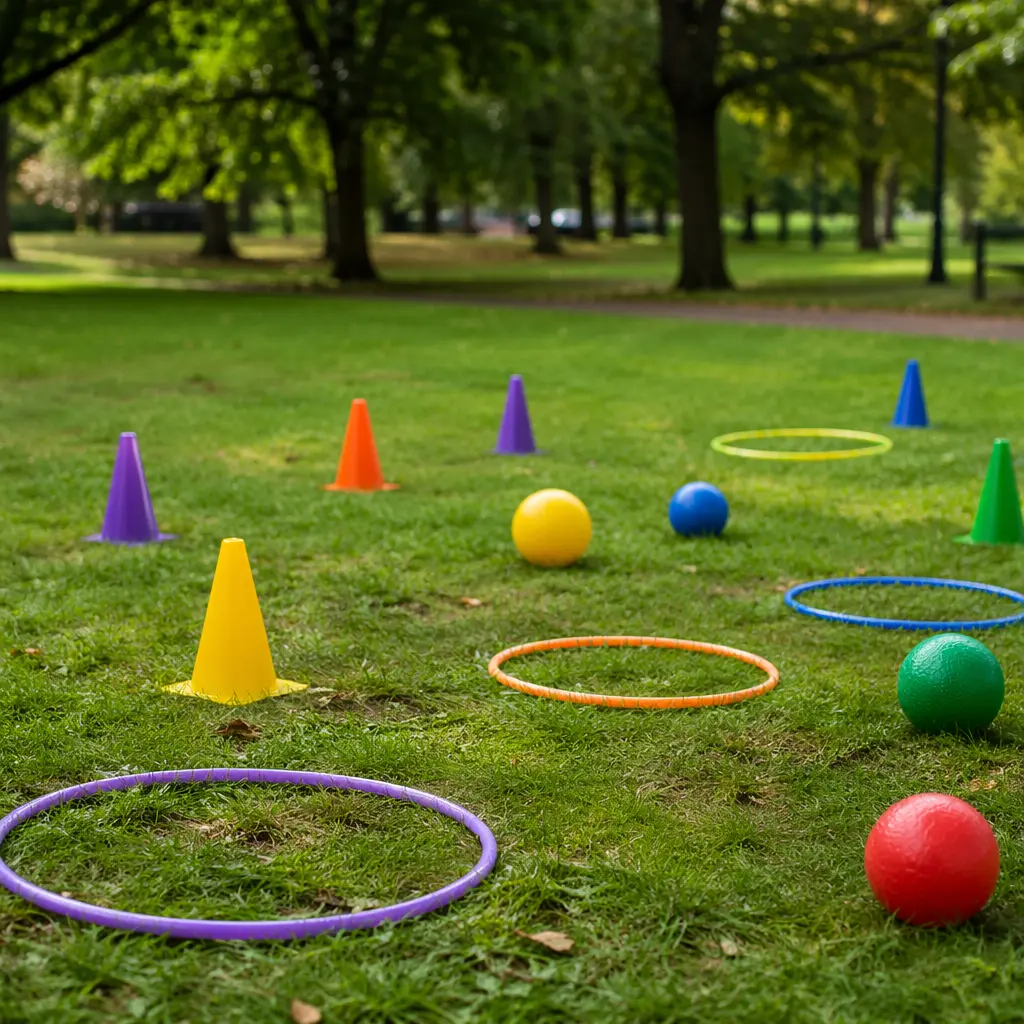 Simple outdoor play equipment laid out on grass for active preschool play