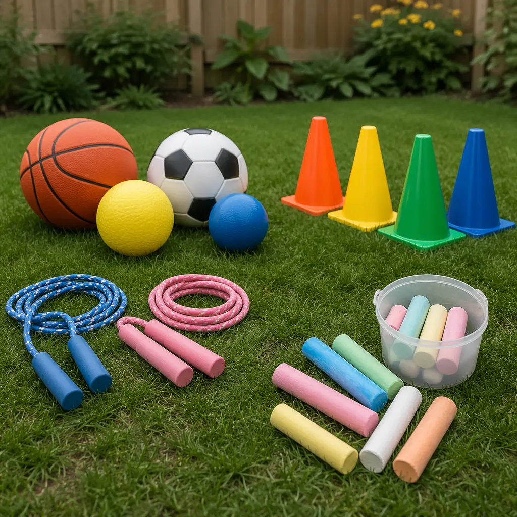 Classic battery-free outdoor toys arranged on grass for preschool play