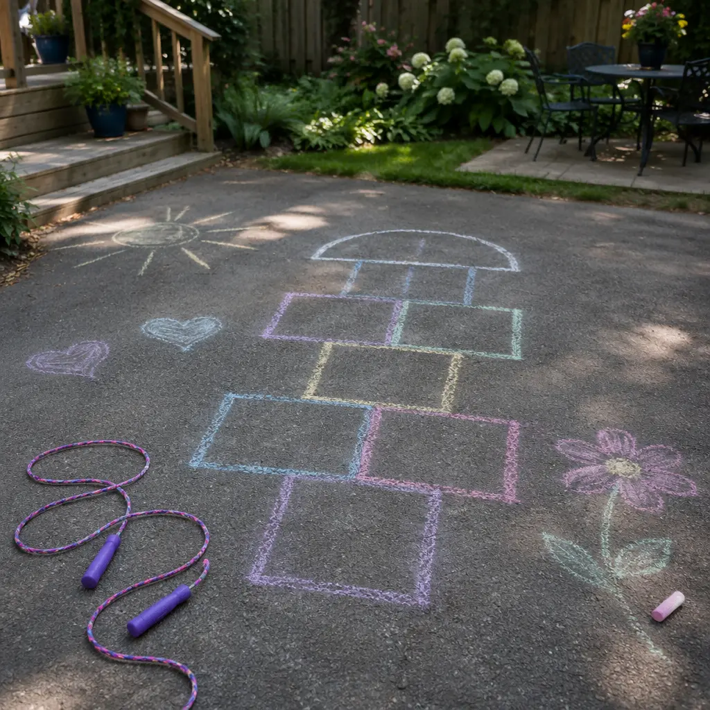 Sidewalk chalk games and jump rope set up outdoors