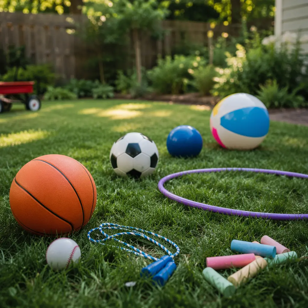 Simple outdoor toys arranged on a sunny backyard lawn