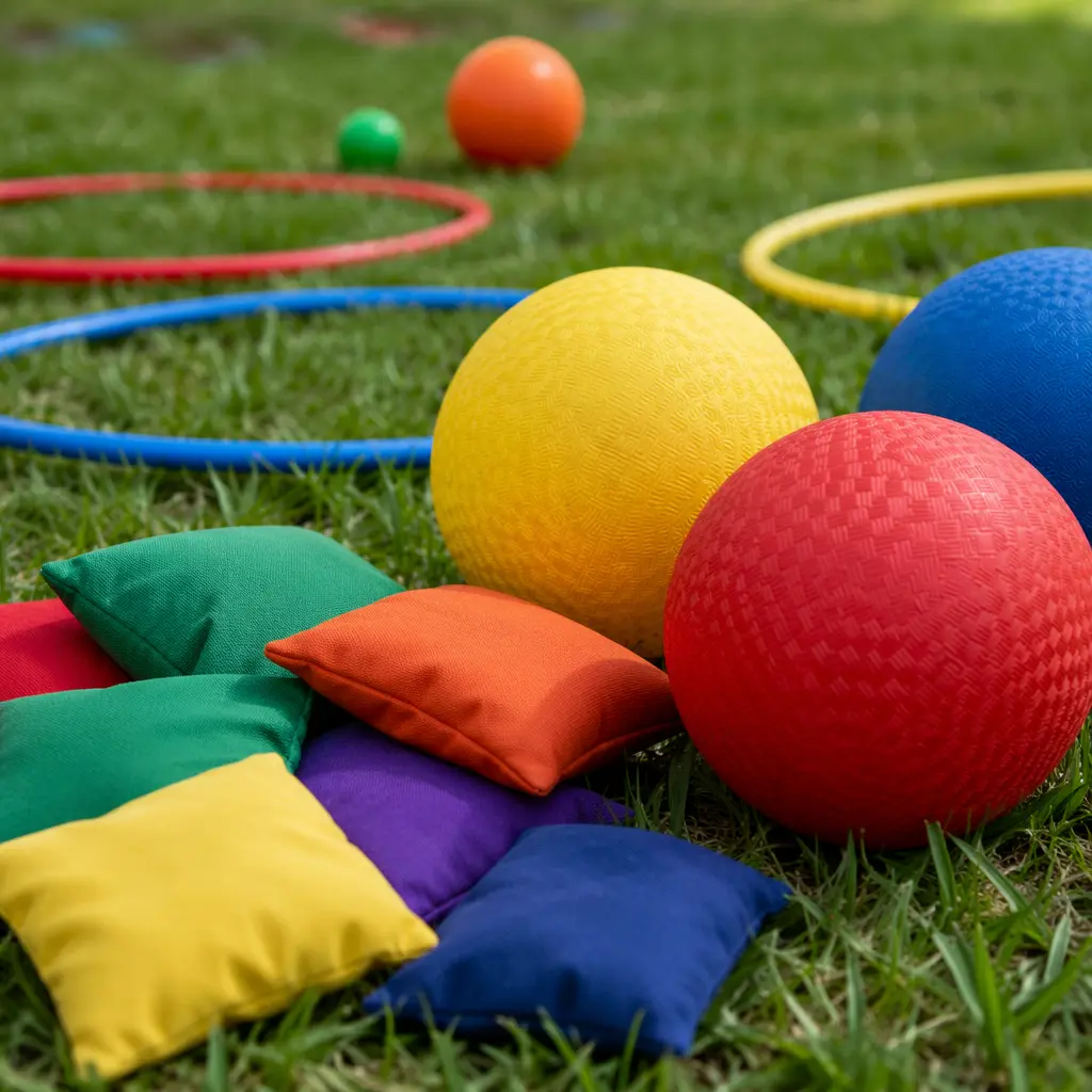 Loose outdoor play items like balls and hoops on a lawn