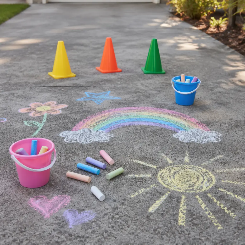Chalk and simple markers set up for outdoor games