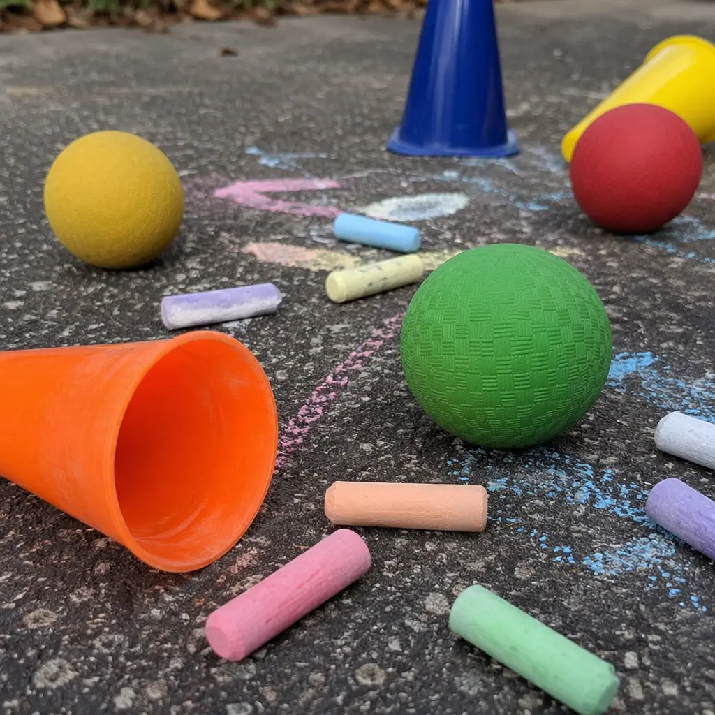 Basic outdoor toys like chalk and balls on a driveway