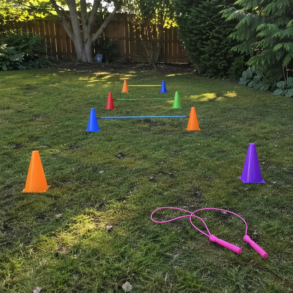 DIY obstacle course made from cones and a rope in a backyard