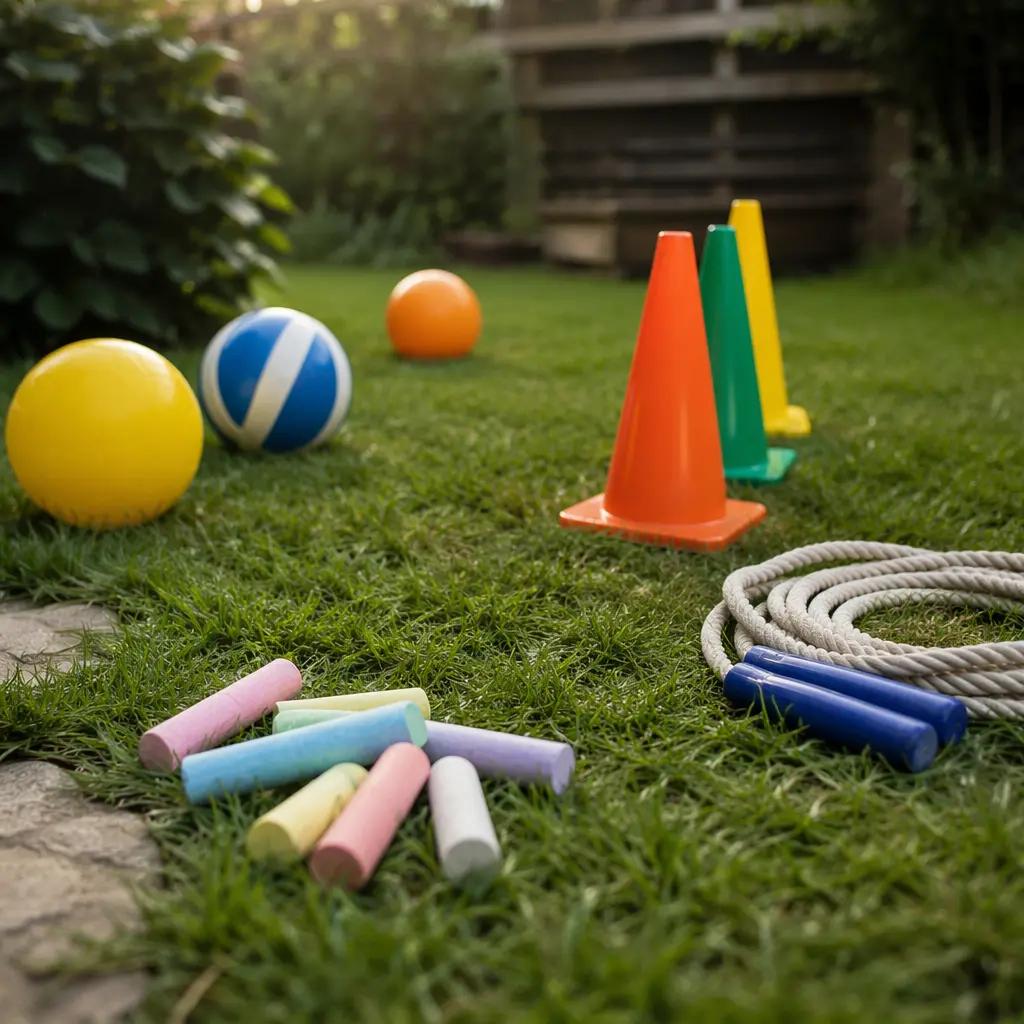 Simple outdoor play items laid out on grass to inspire creative games