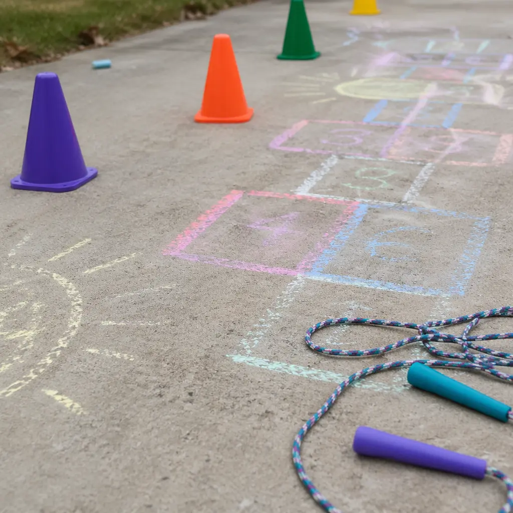 Sidewalk chalk and simple play items arranged for open-ended outdoor games