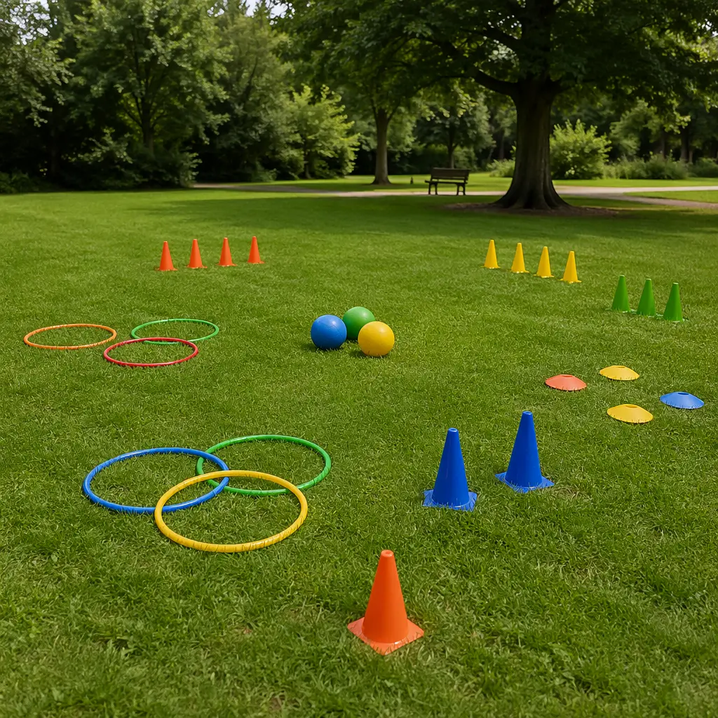 Open park space with simple play items arranged for many possible games