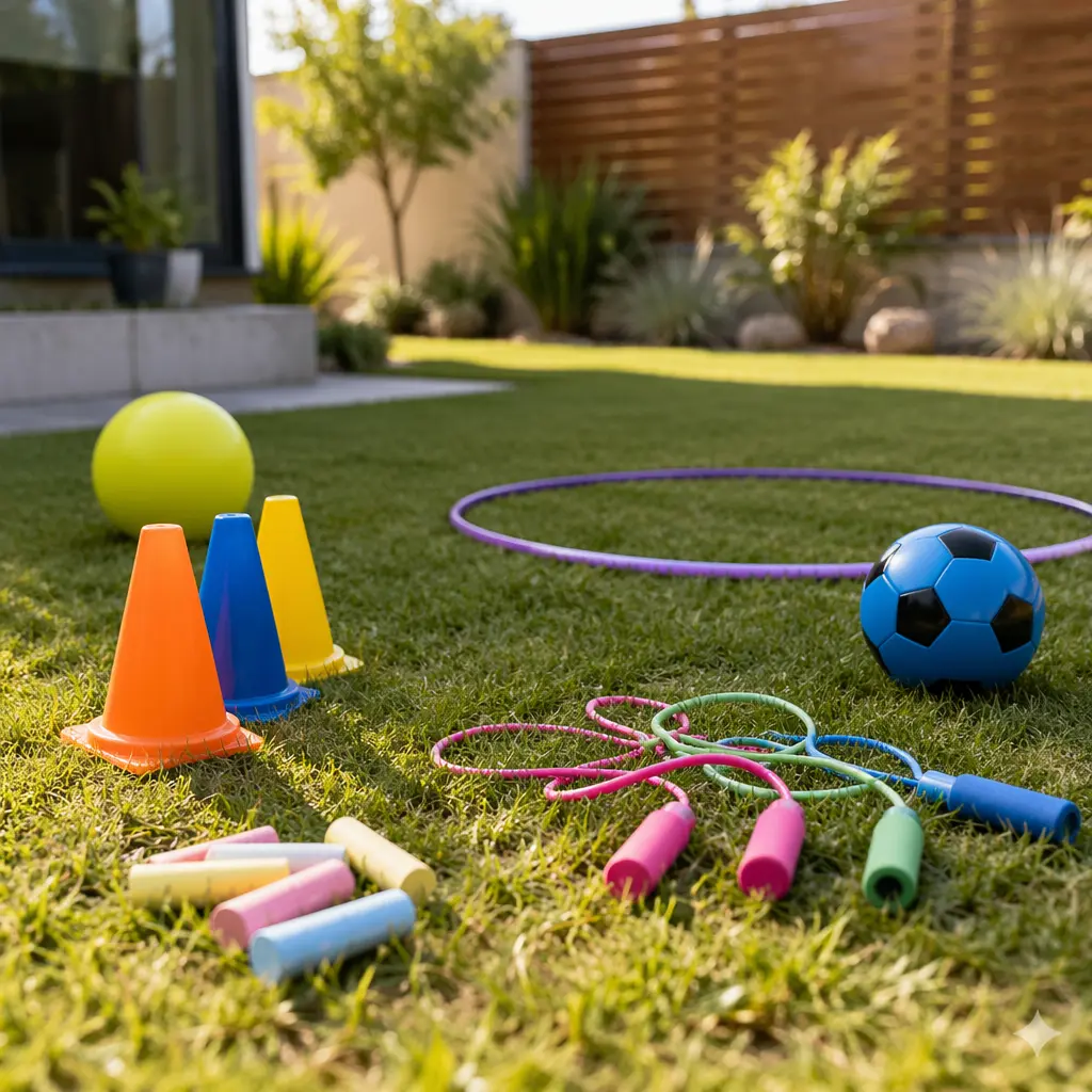 Simple outdoor toys on grass in soft sunlight, inviting creative play