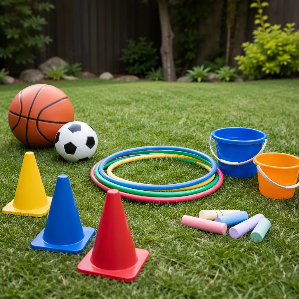 Simple outdoor toys laid out on grass for imaginative play