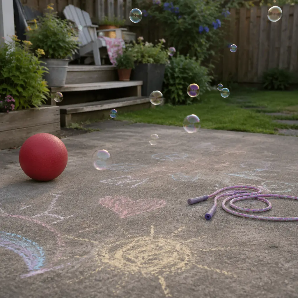 Backyard play setup with chalk, a ball, bubbles, and a jump rope