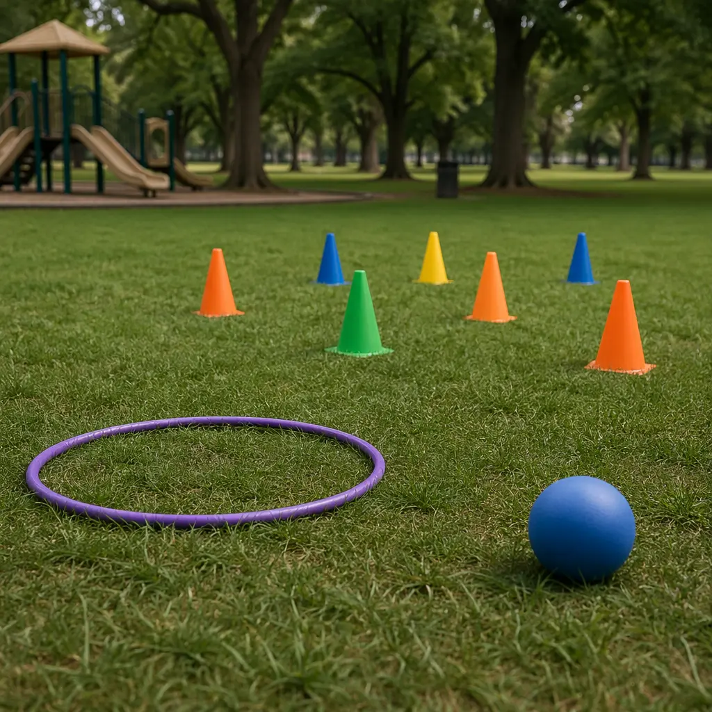 Simple obstacle course made from cones and hoops in a park