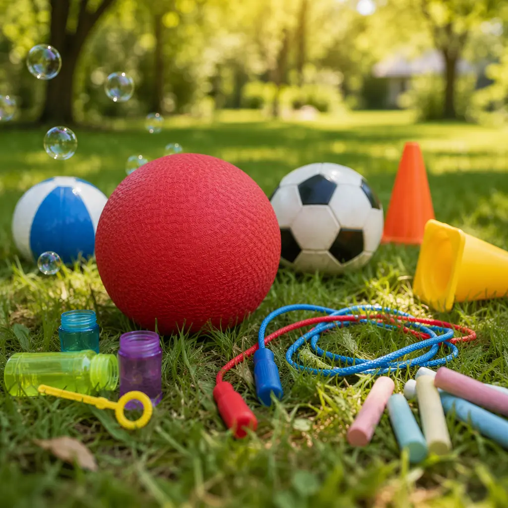 Classic low-cost outdoor toys arranged on grass in soft natural light