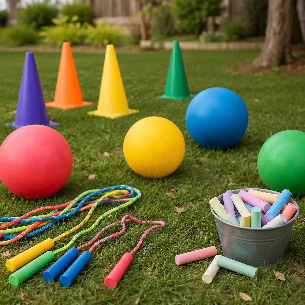 Affordable outdoor toys arranged on grass for preschool-aged children