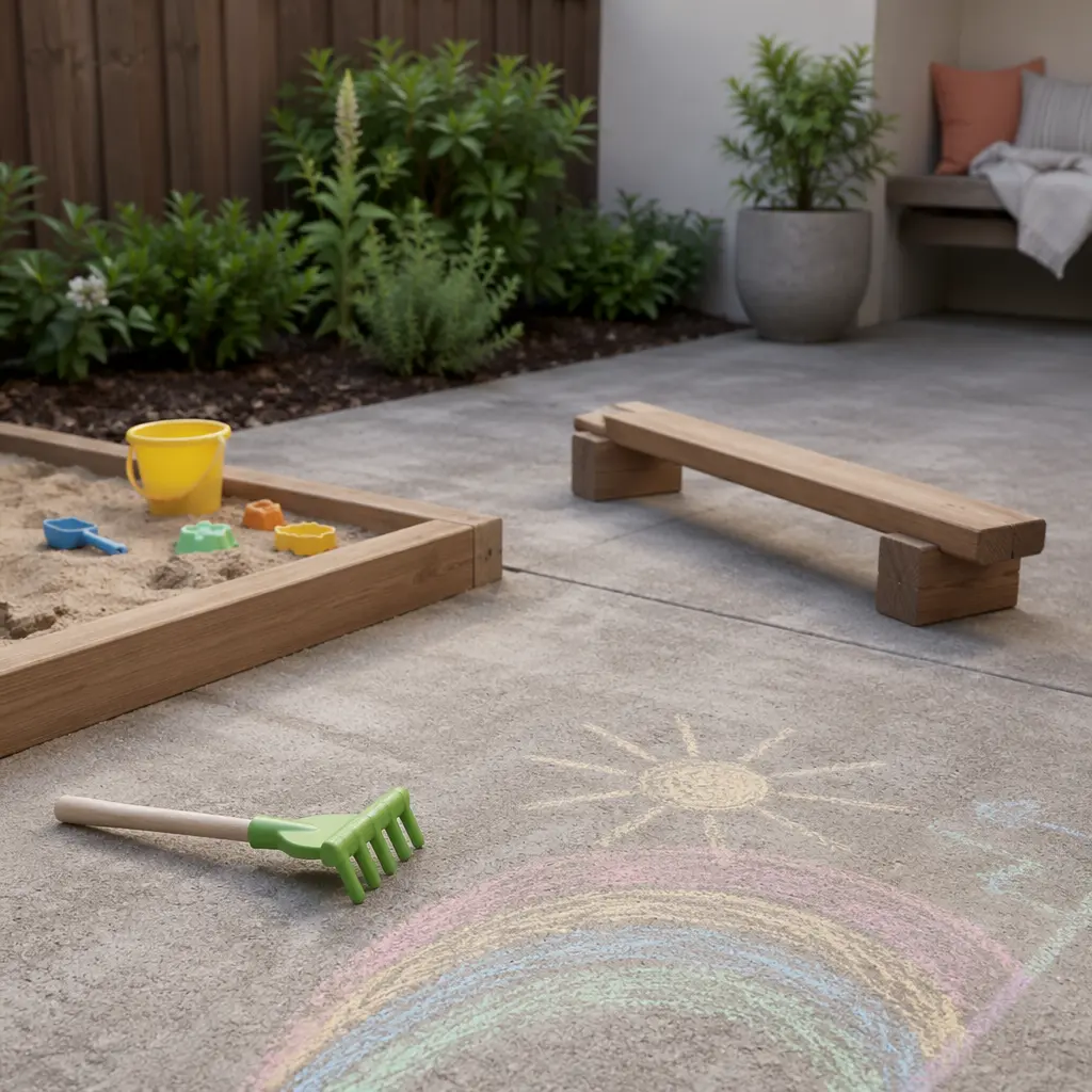 Budget-friendly outdoor toys arranged for independent preschool play in a backyard