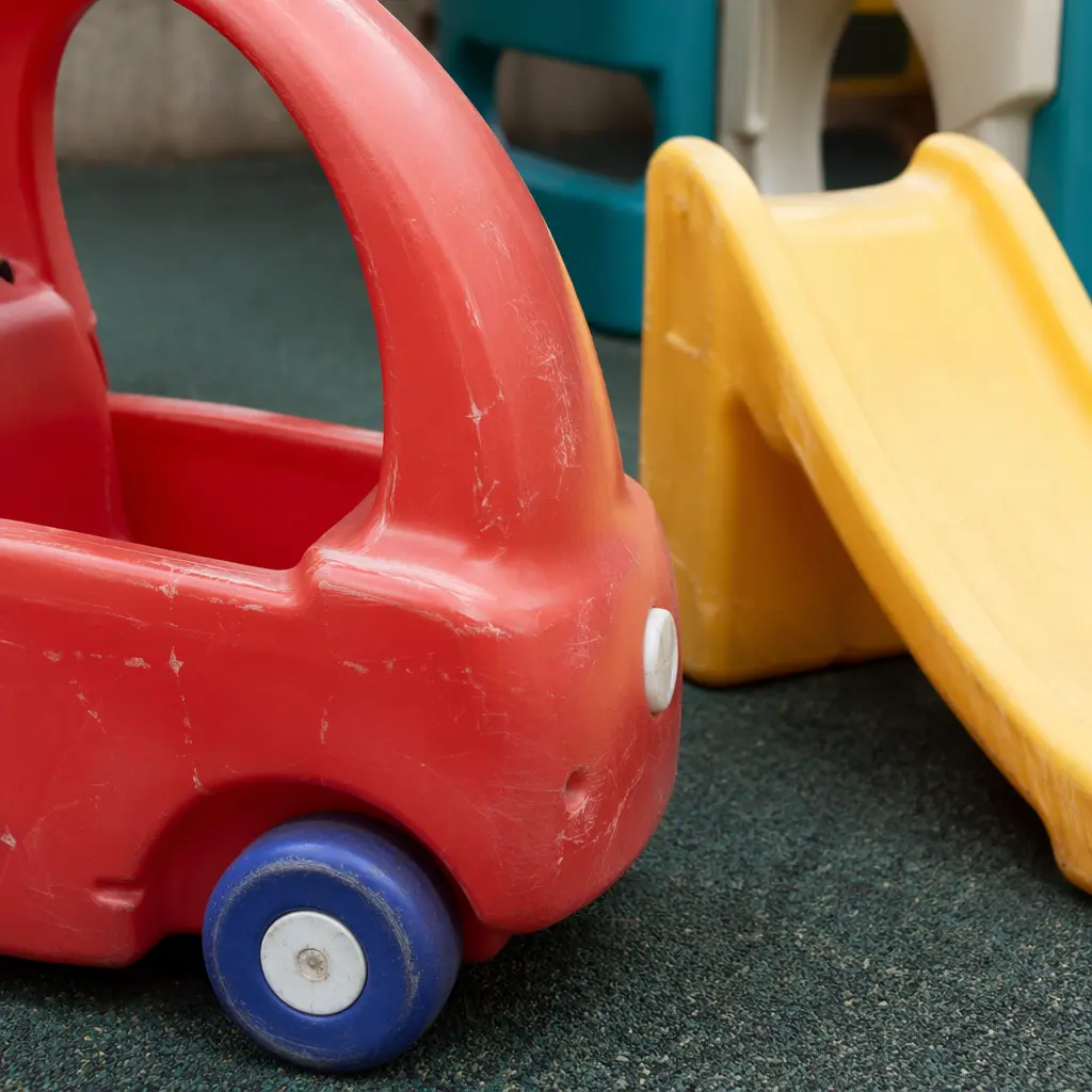 Close-up of rugged plastic outdoor toys built for durability