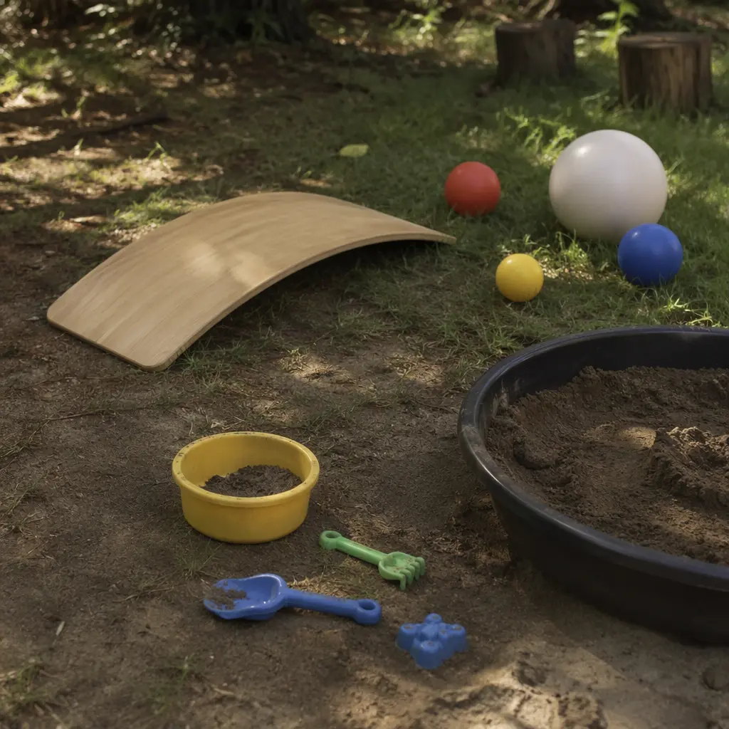 Simple outdoor toys arranged in a preschool play area