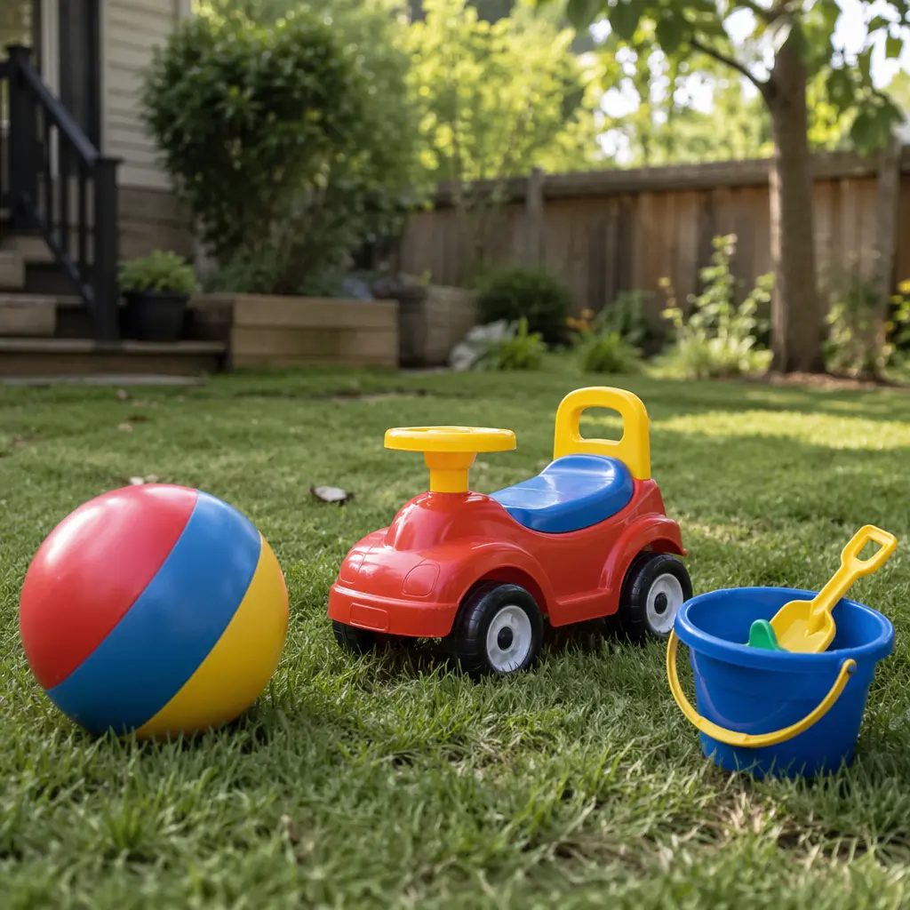 Durable outdoor toys on grass designed for active preschool play