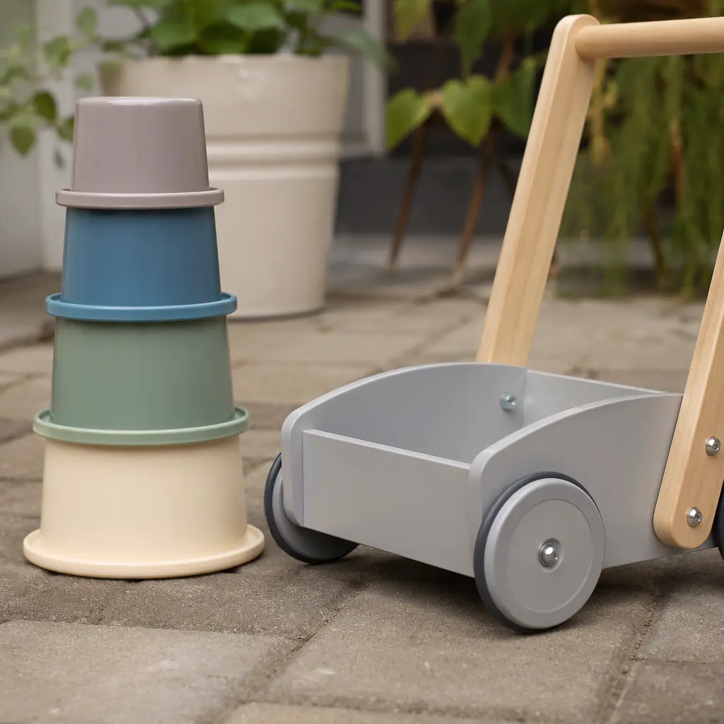 Simple outdoor toddler toys on a patio in natural light