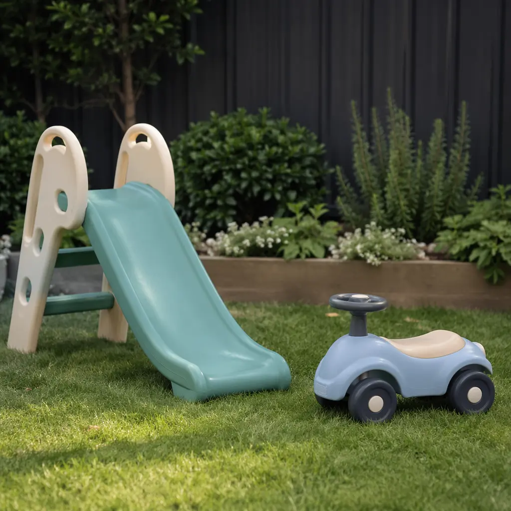 Toddler slide and ride-on toy set up outdoors