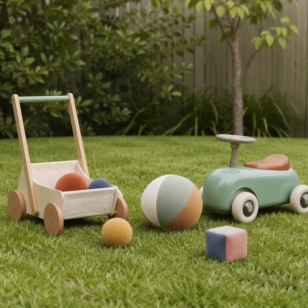 Affordable outdoor toys for toddlers set up on a grassy lawn