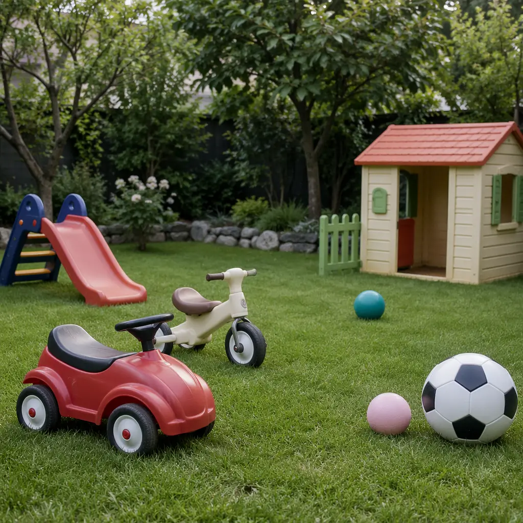 Outdoor play area set up for toddlers with simple toys