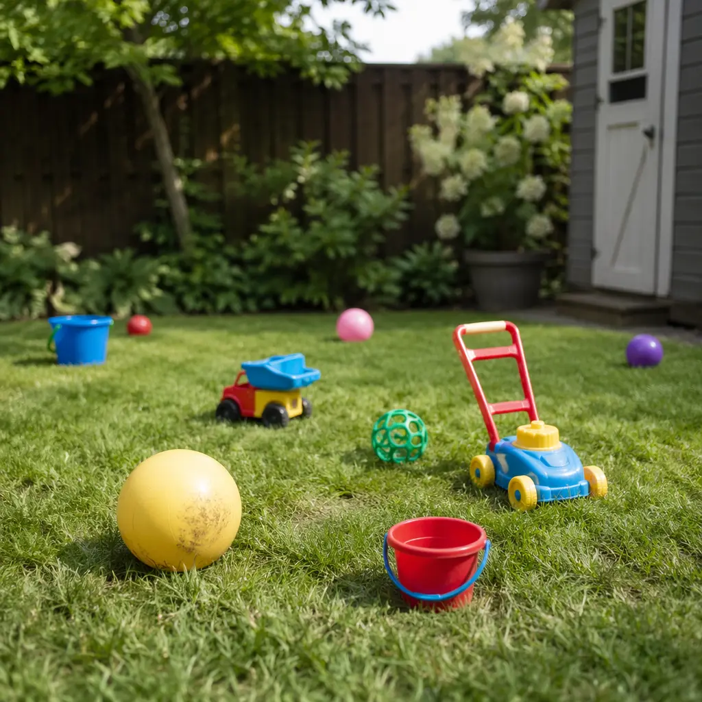 Simple outdoor toys arranged on grass in a backyard for toddler play