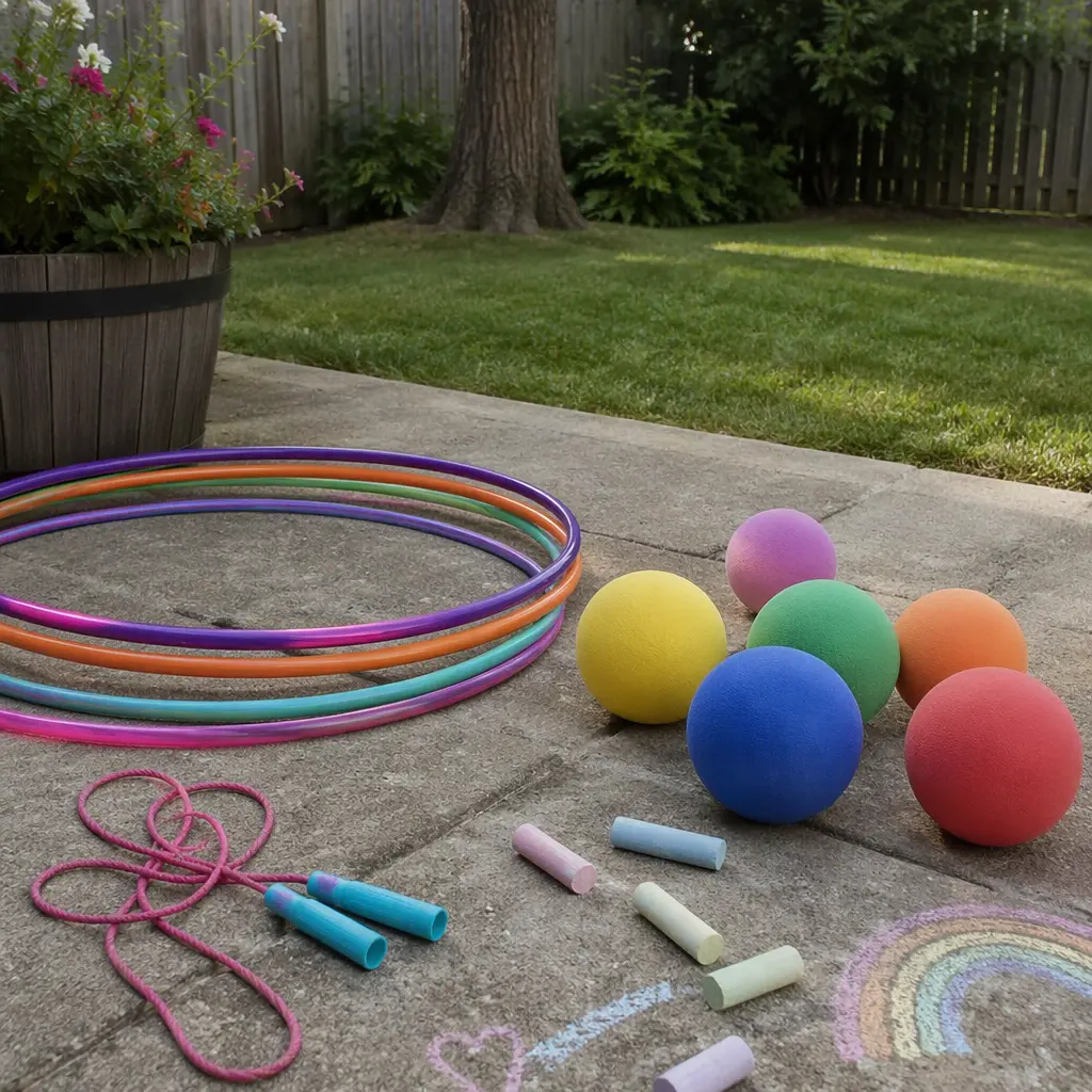 Hula hoops, balls, jump rope, and chalk laid out outdoors