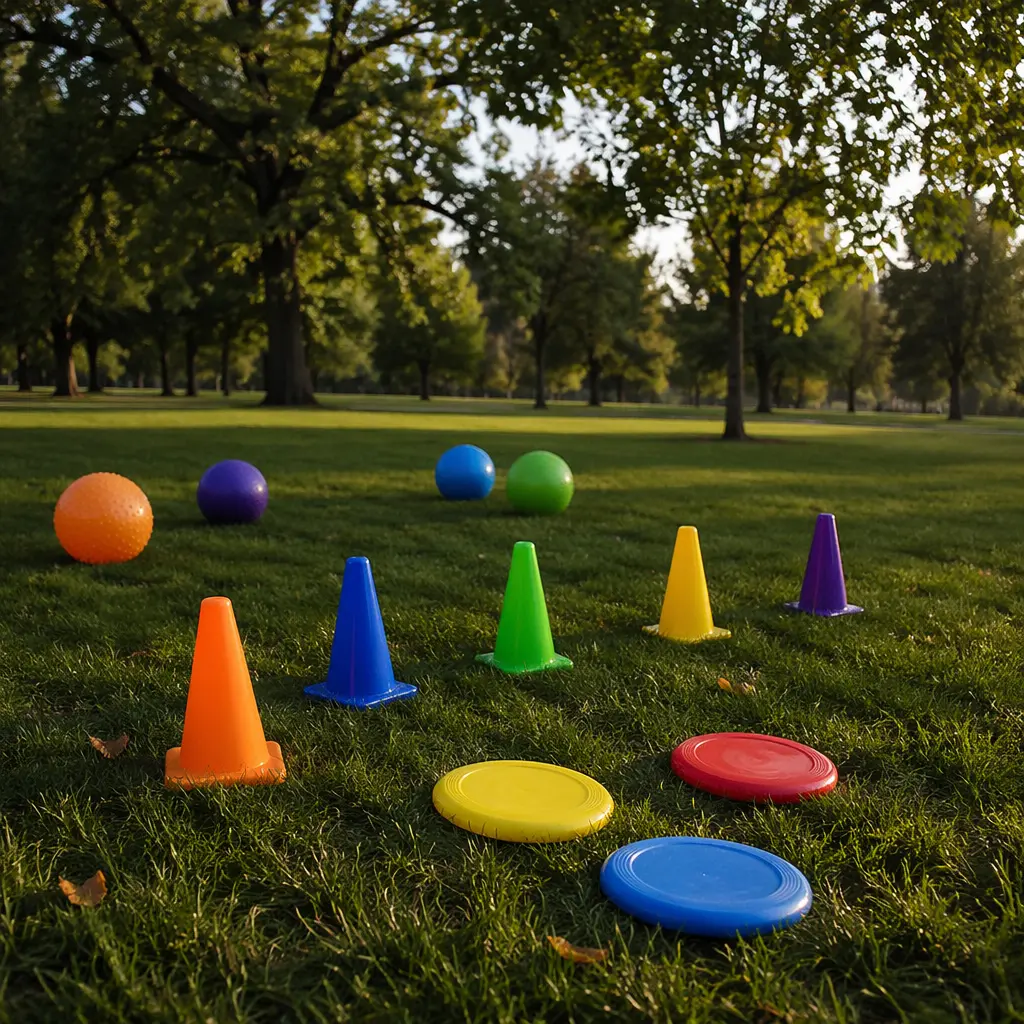 Assorted simple outdoor toys arranged in a grassy park