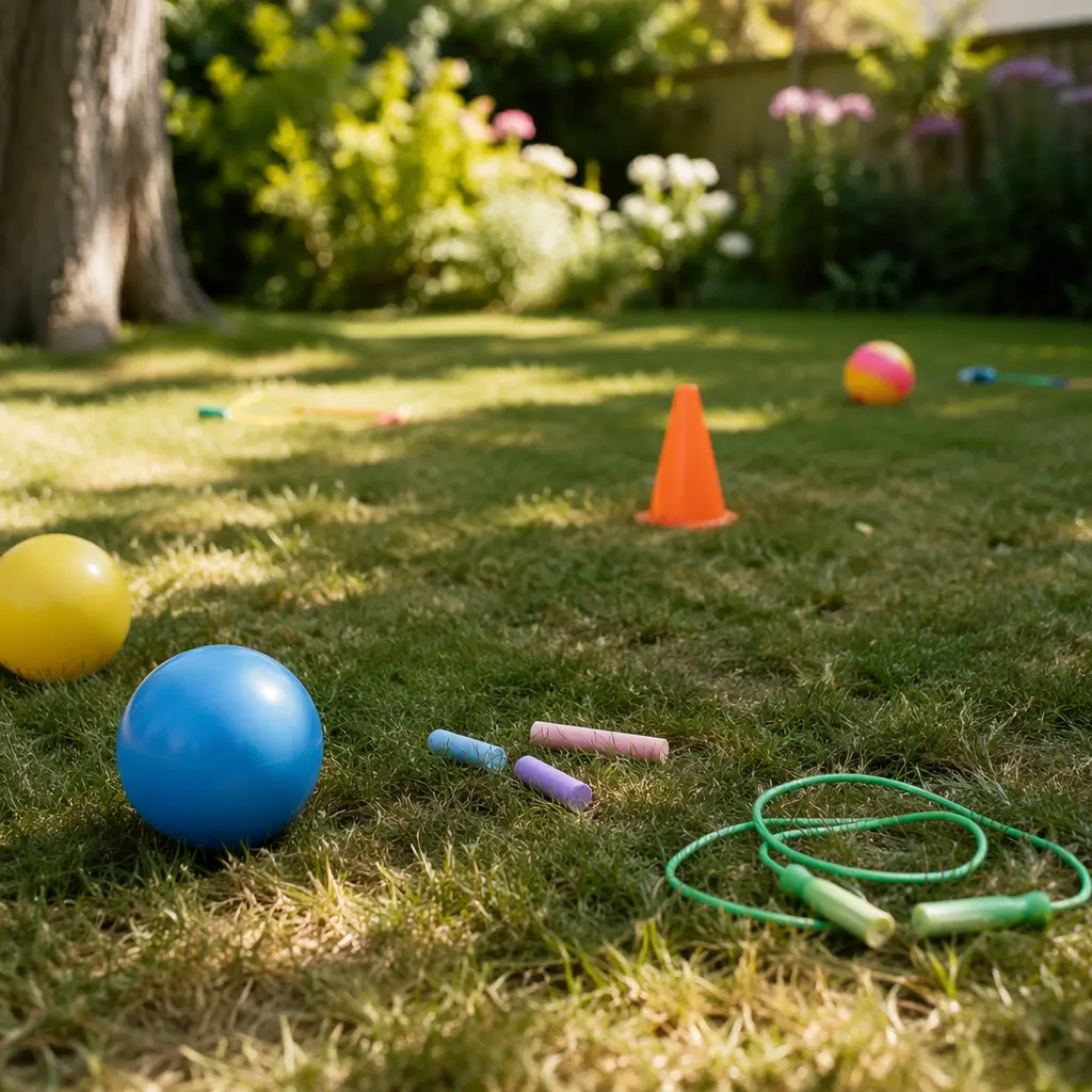Simple outdoor toys arranged on grass in a sunny backyard