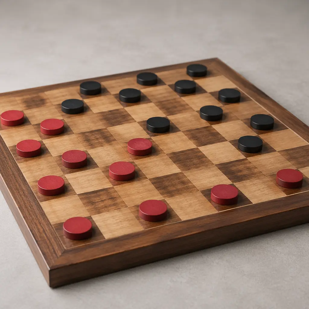 A classic checkered board with red and black playing pieces set up for a game of Checkers