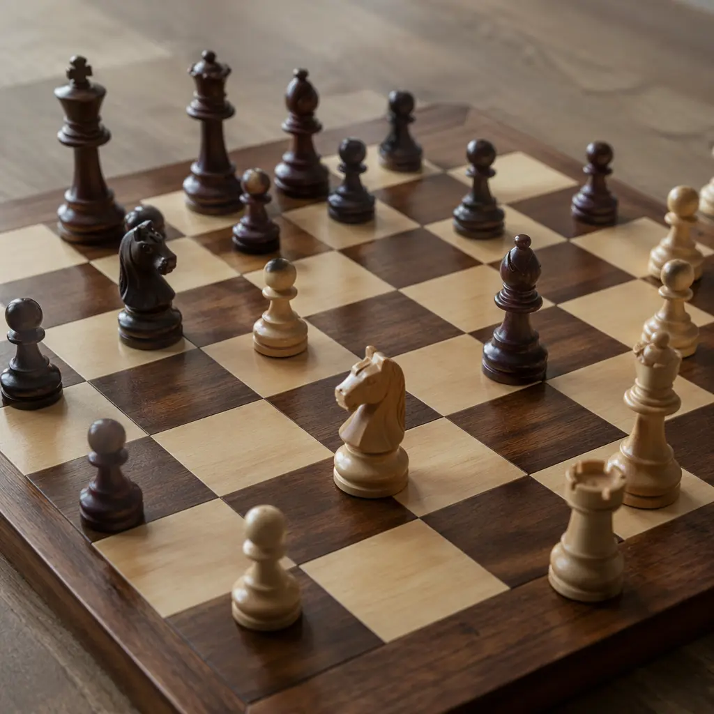 A wooden chess set arranged mid-game on a table