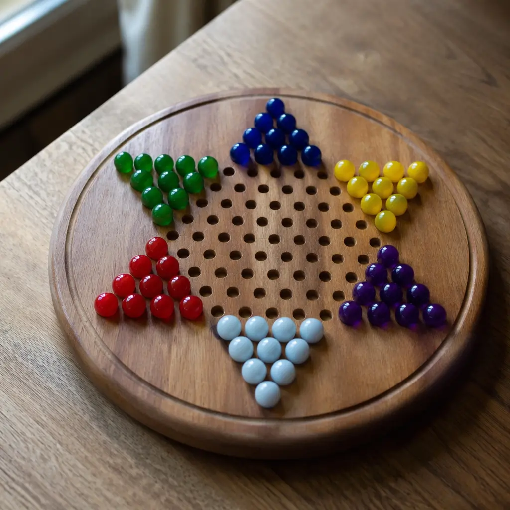 A classic Chinese Checkers board with colourful marbles ready for play