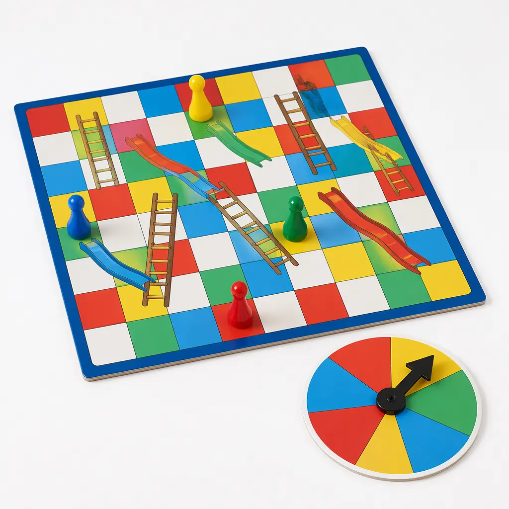 A colorful children's board game with ladders, slides, and simple playing pieces