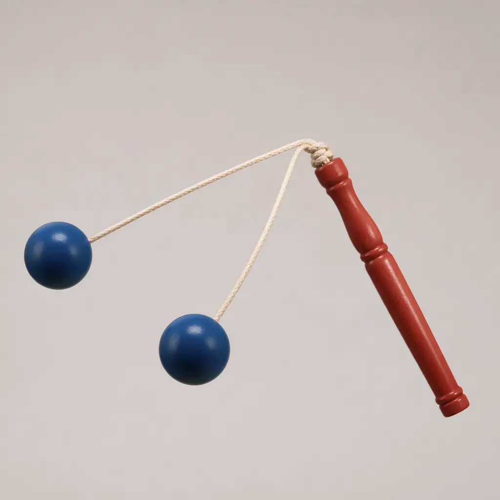 A classic clacker toy with two balls swinging on a string