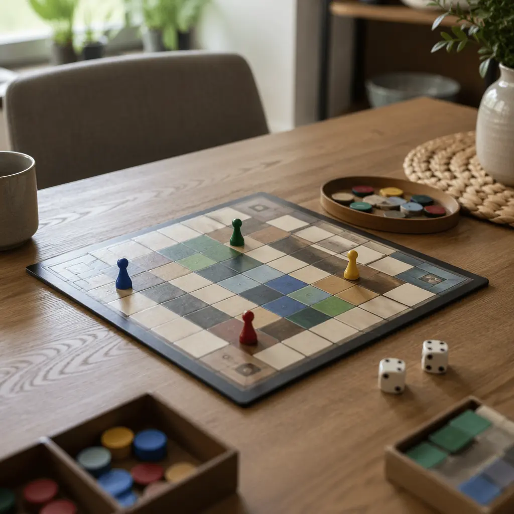 A compact board game setup on a dining table designed for quick play.