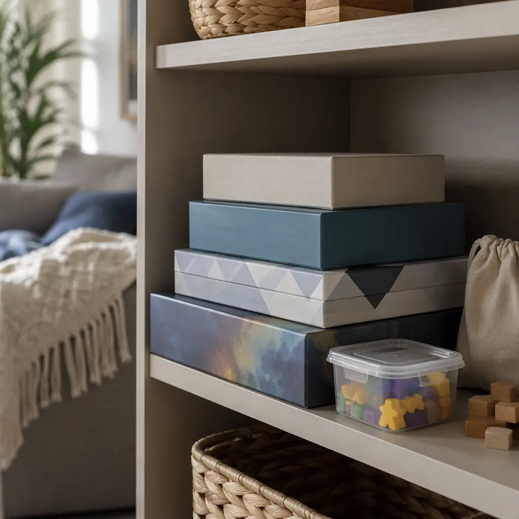 Board games stored neatly on a shelf, ready for quick family play.