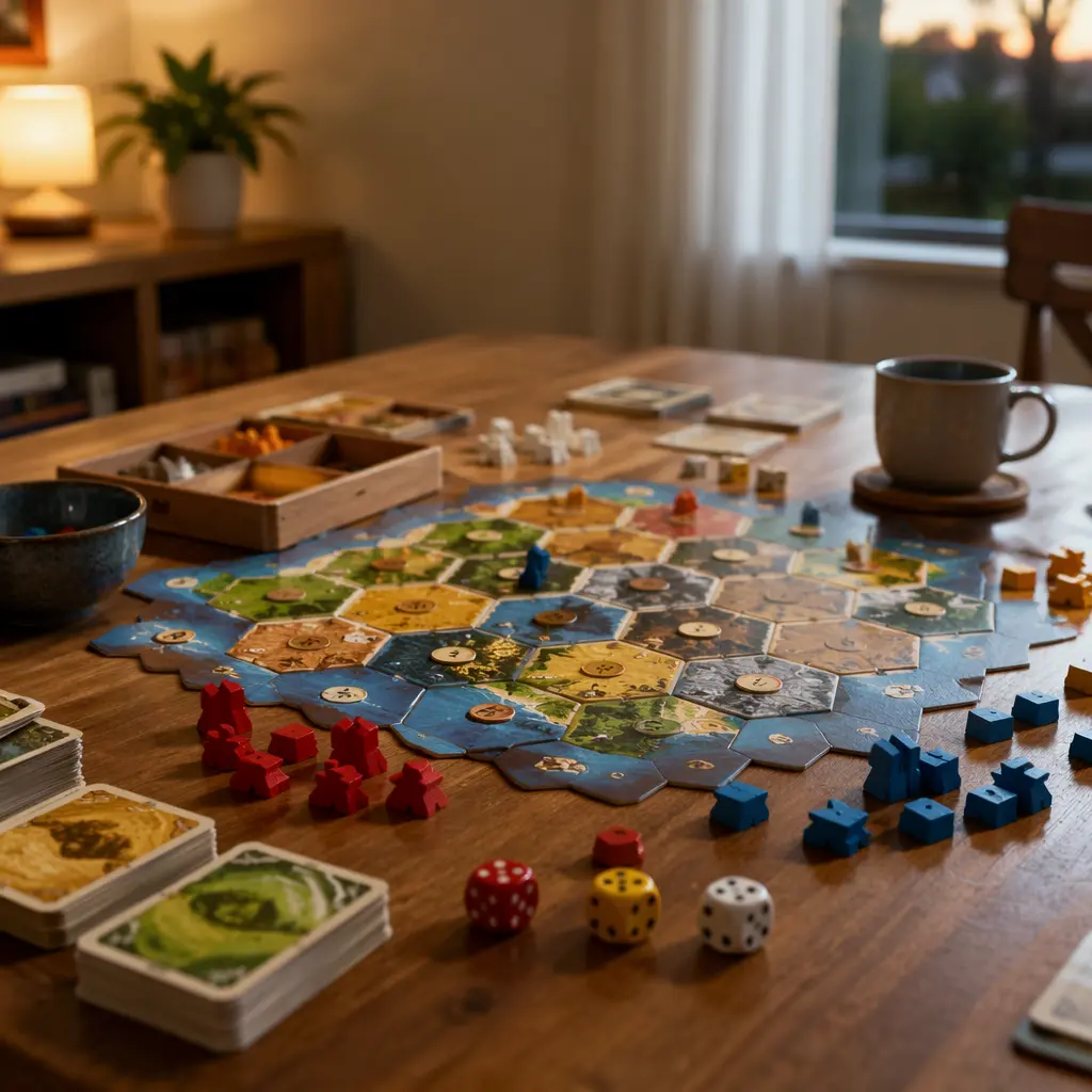 A cozy tabletop setup for a short family board game with colorful pieces under soft evening light.