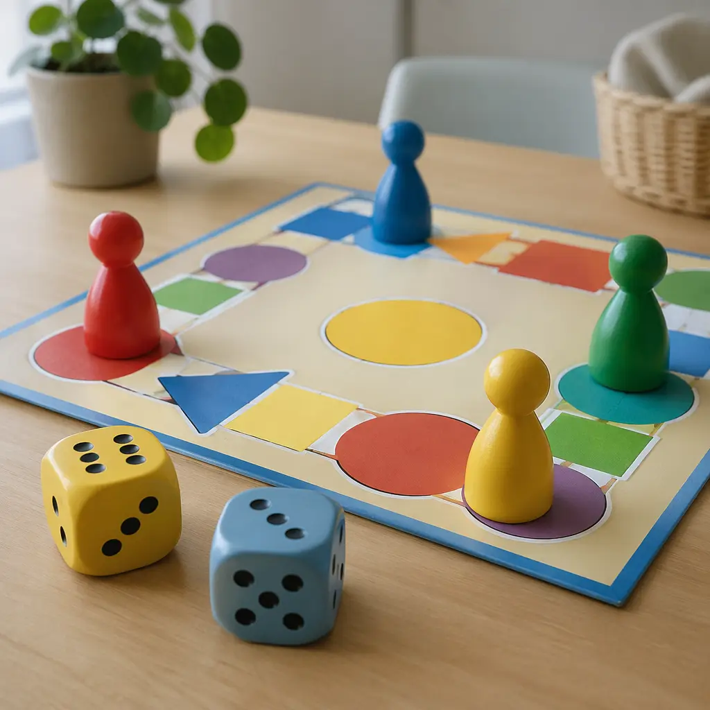Large dice and chunky board game pieces suitable for preschoolers