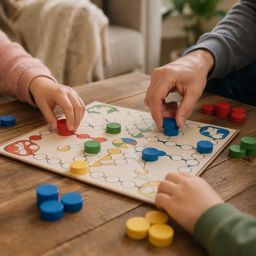Hands moving large board game pieces during preschool-friendly play