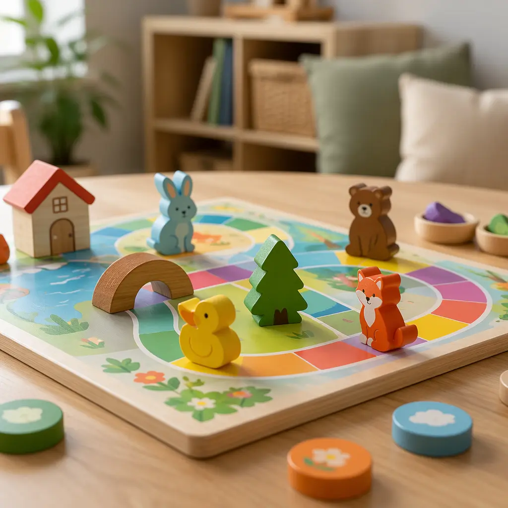 Colorful classic-style board game pieces arranged on a table for preschool play