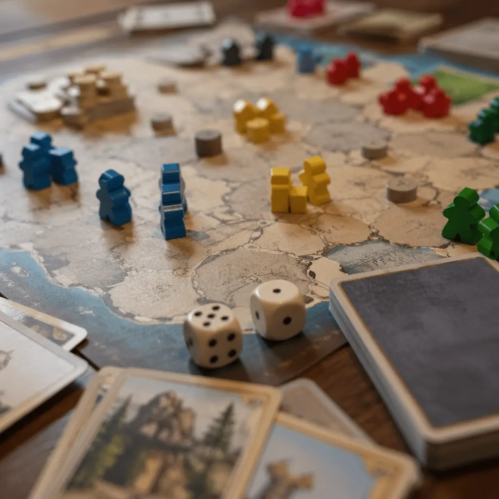 Close-up of colorful board game pieces and dice on a table.
