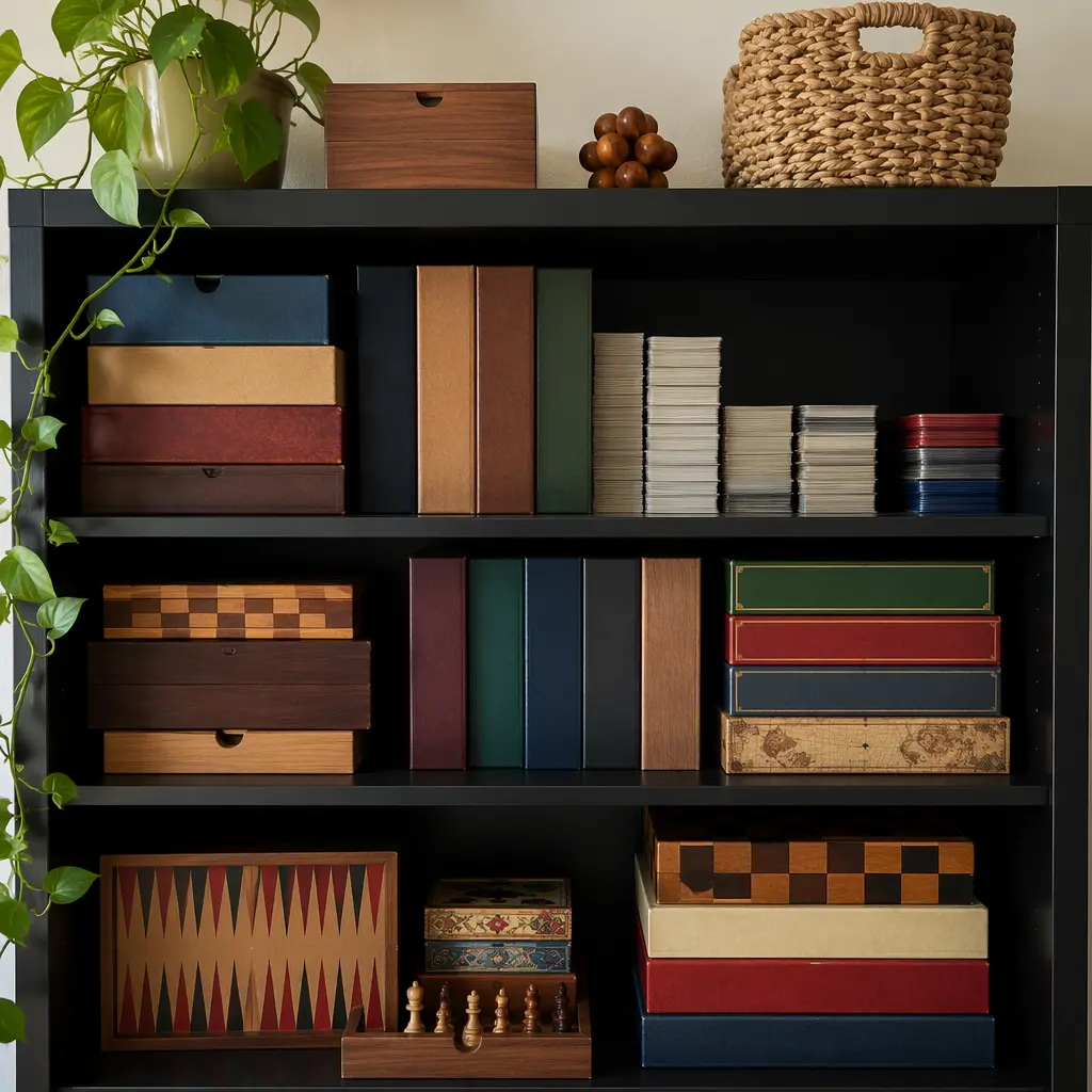 A shelf displaying a variety of board games suitable for family play.