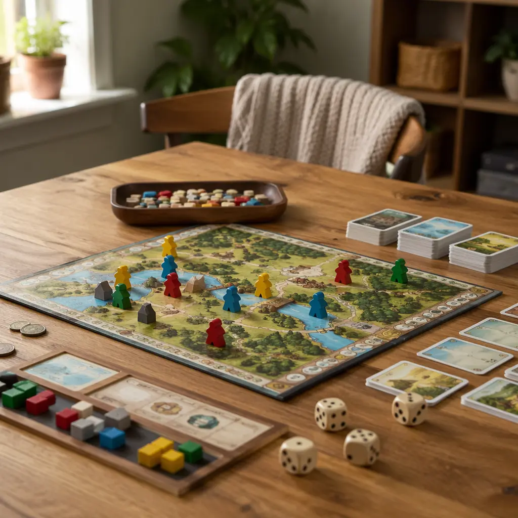 A colorful board game setup on a table with pieces and dice ready for family play.