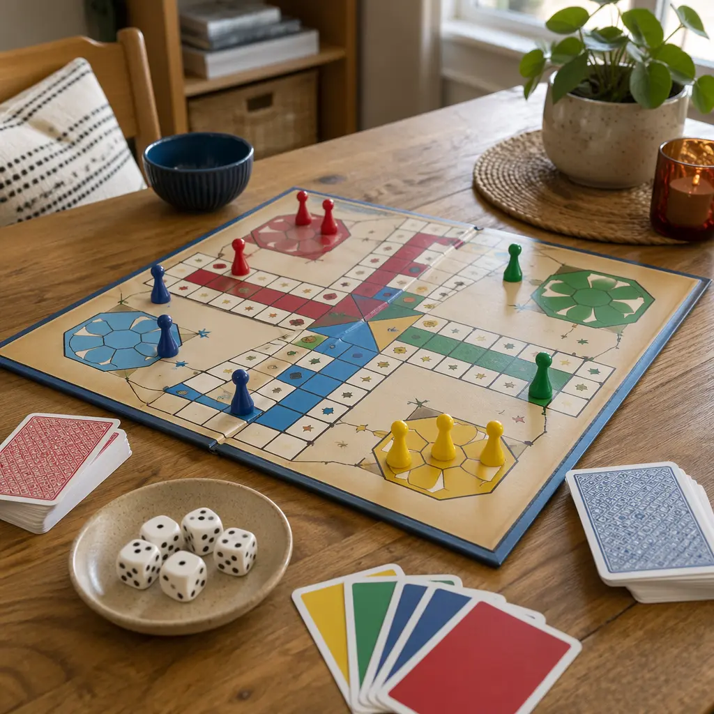 Classic board game pieces arranged on a table, ready for play