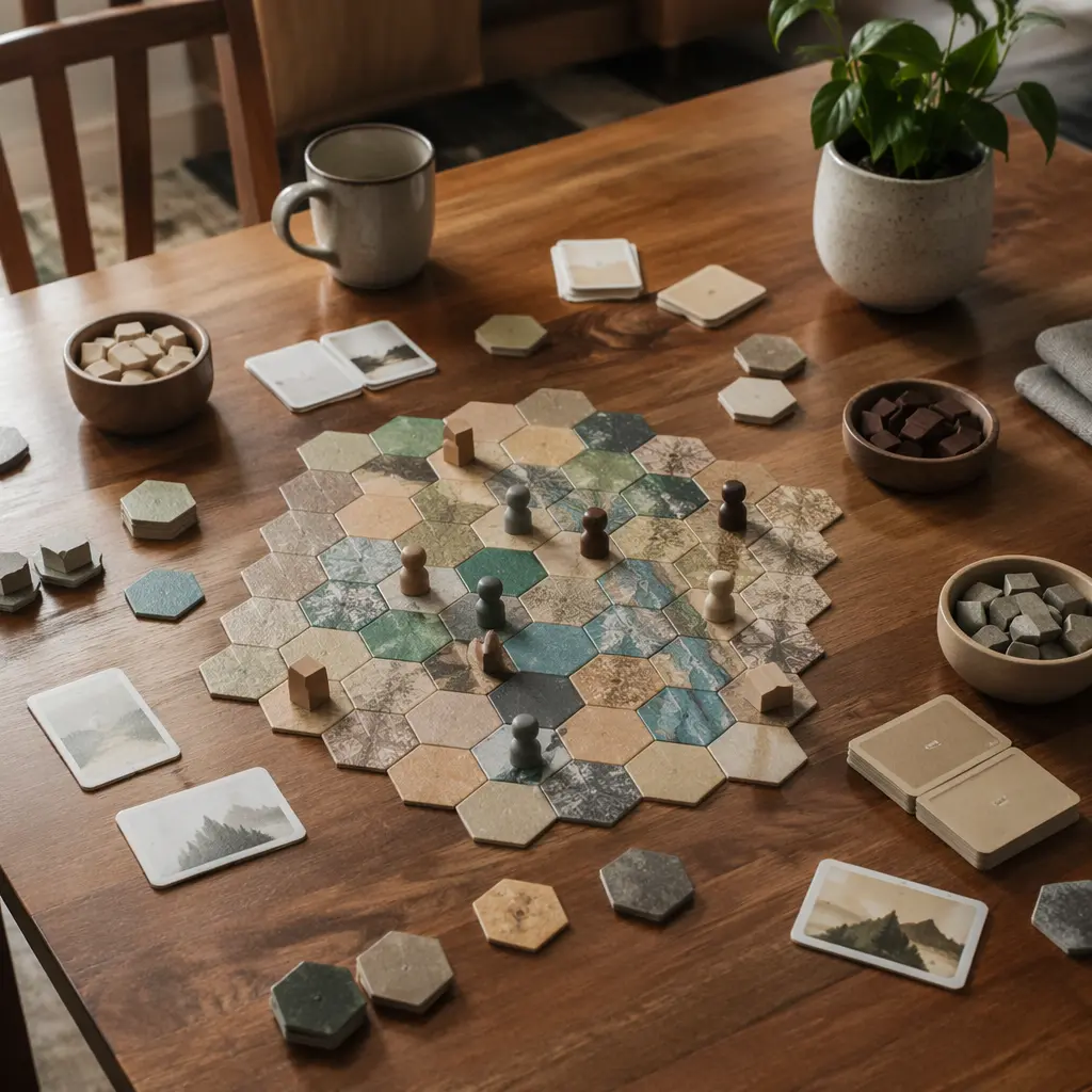 Overhead view of a classic board game setup with pieces and cards
